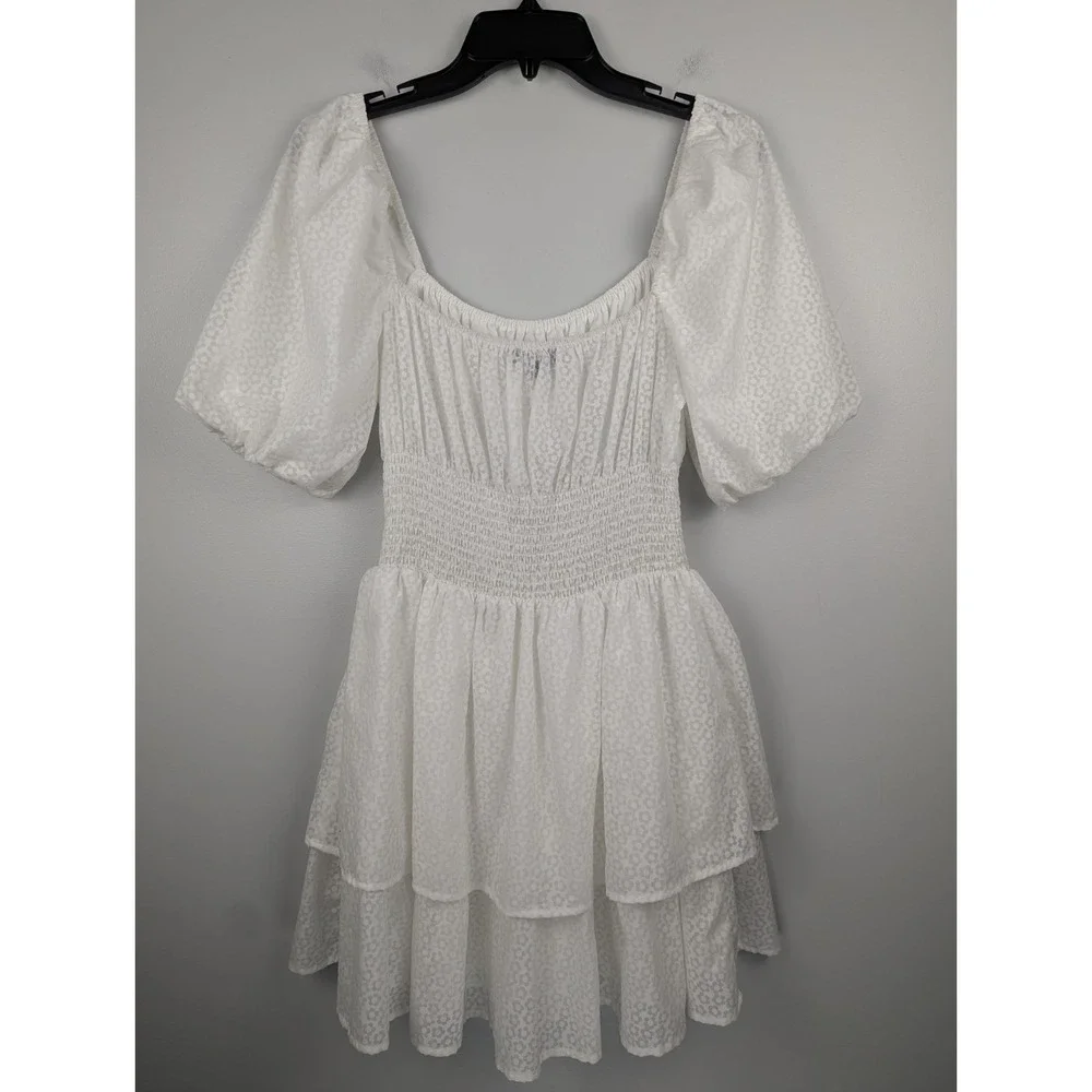 Lulus Tiers To Me White Puff Sleeve Tiered Dress Mini Skater M Off‎ The Shoulder - Picture 13 of 13
